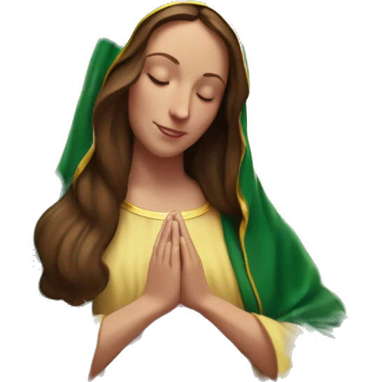 Virgin Mary: kind face looking down at the left, long brown hair, Wearing an emerald green  robe with gold stars and a burgundy red dress,  Hands in prayer or blessing. Halo around her head. standing in front of a big sun. colorful roses on the sides  emoji