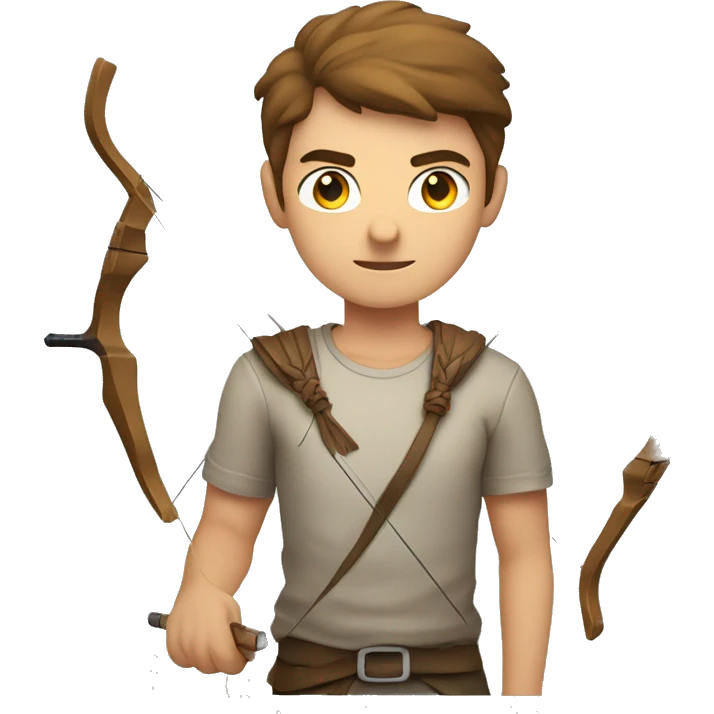 a male archer aiming with a bow looking at his target, wearing a tshirt, brown hair, bright skin, emoji