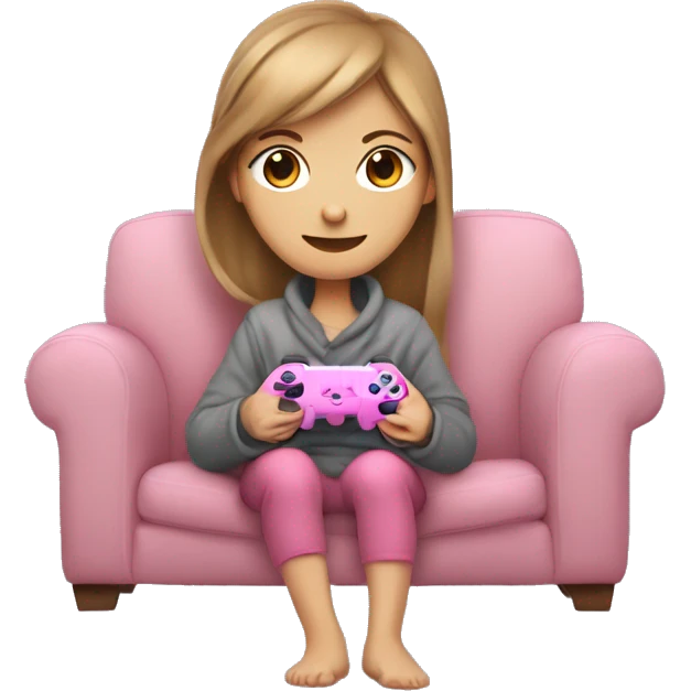 White girl with light brown hair wrapped up in a blanket sitting on a couch with a pink gaming controller in her hands emoji