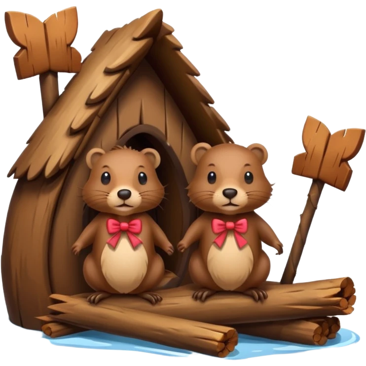 a beaver couple, one a female with a bow on her head in a beaver home made of sticks and logs emoji