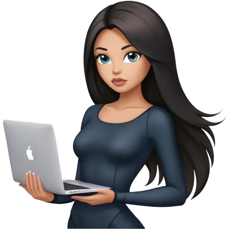 Glamours, tanned, very beautiful girl, with big pump peach-beige-rose lips, black straight smooth silky long hair, straight parting, blue-grey eyes, in black bodysuit holding MacBook emoji