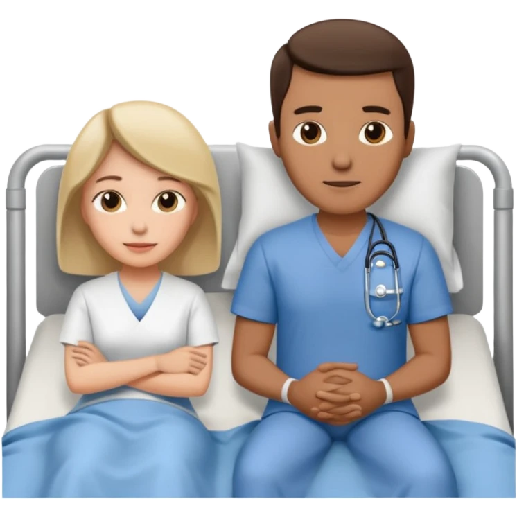 husband in plainclothes sitting beside hospital bed of wife emoji