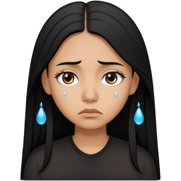 Sad crying woman with long straight black hair, brown skin tone, teardrops on face, worried eyebrows, neutral mouth emoji
