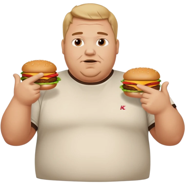 A very fat guy in an Alex Zero T-shirt, holding burgers, giving likes and dislikes, and pointing at KFC. emoji