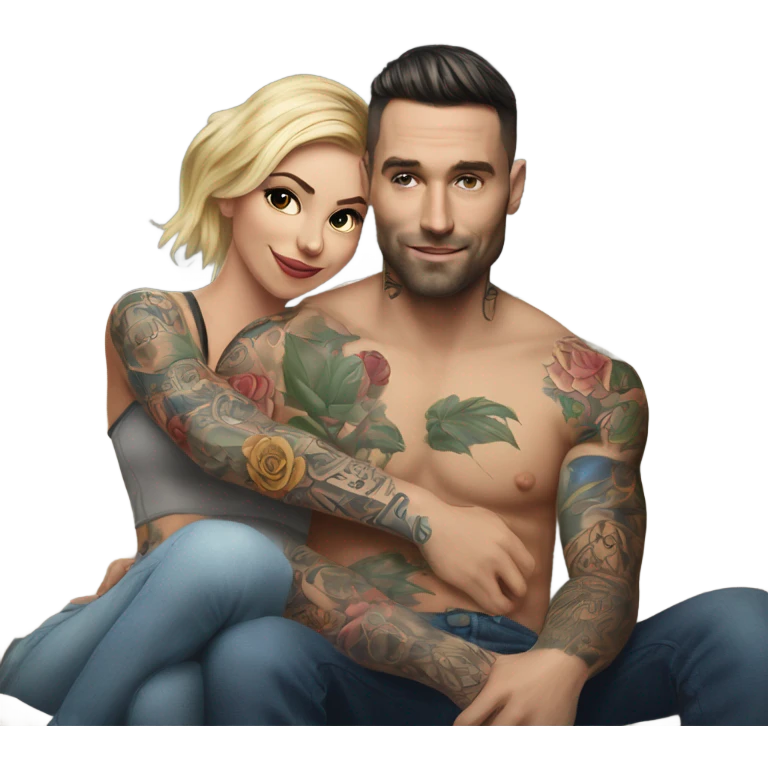 Hyper Realistic beautiful woman in the arms of a very handsome tattooed man on a sofa emoji