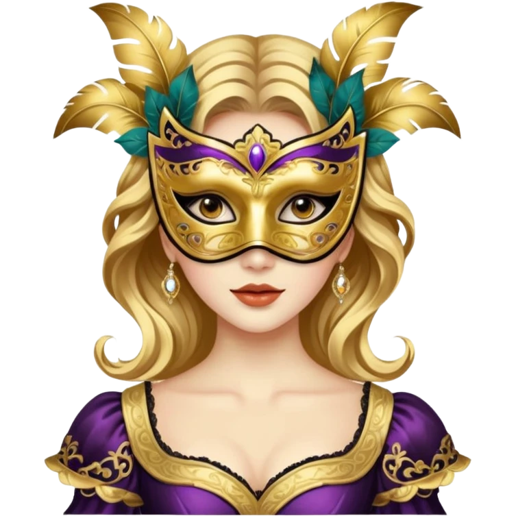A woman in an ornate gold masquerade mask and elegant outfit, holding the mask delicately. emoji