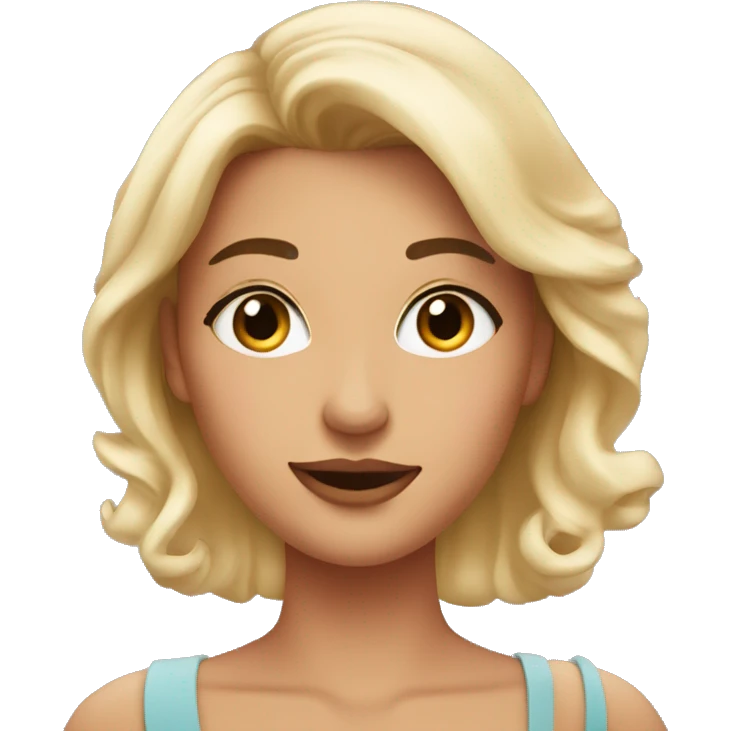 A pretty woman with blusher is pointing to the text next to her emoji