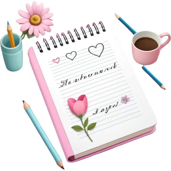 A whimsical notebook, opened, showing poems written with heart and flower Doodles and a  pencil beside it, all sitting on an antique soft wooden table covered on a pastel pink tablet cloth with a whimsical floral print, still life masterpiece, 8k emoji