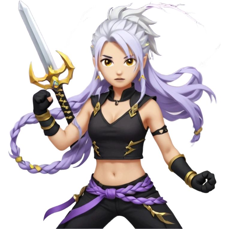 A sword maiden, mohawk, long braid white hair with lavender and tips long messy bangs one side, gold yellow eyes, black crop top, with both fighting gloves up in defensive ready pose, delivering a lightning quick vertical upwards front kick with volcanic force emoji