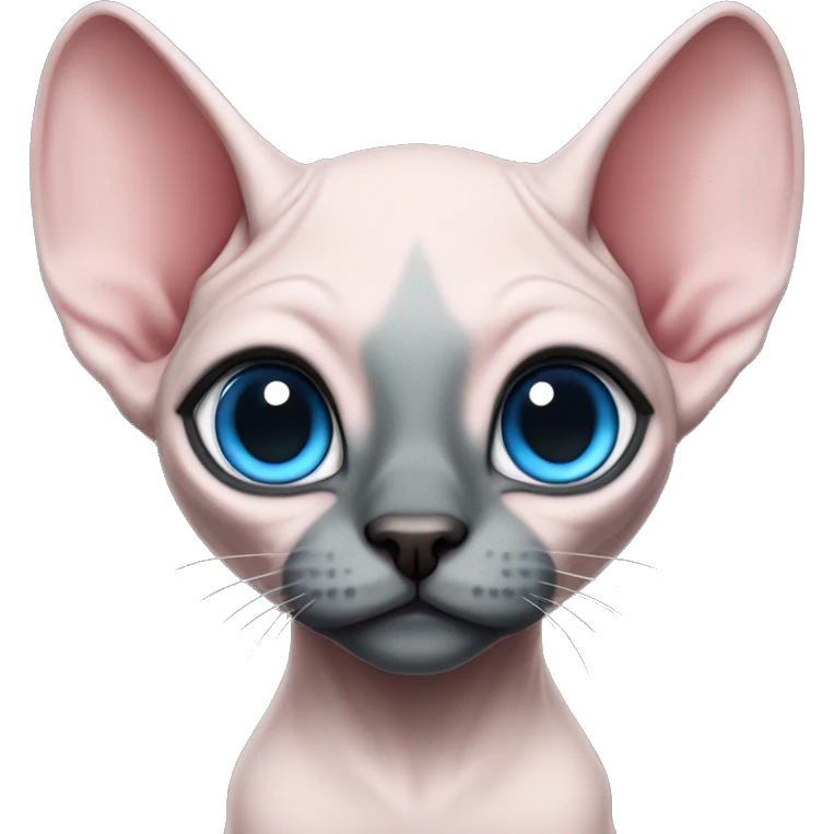 Pink grey canadian sphynx elf cat with blue eyes and black nose emoji