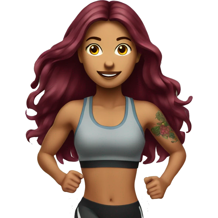 Beautiful tattooed  burgundy long haired woman jogging emoji