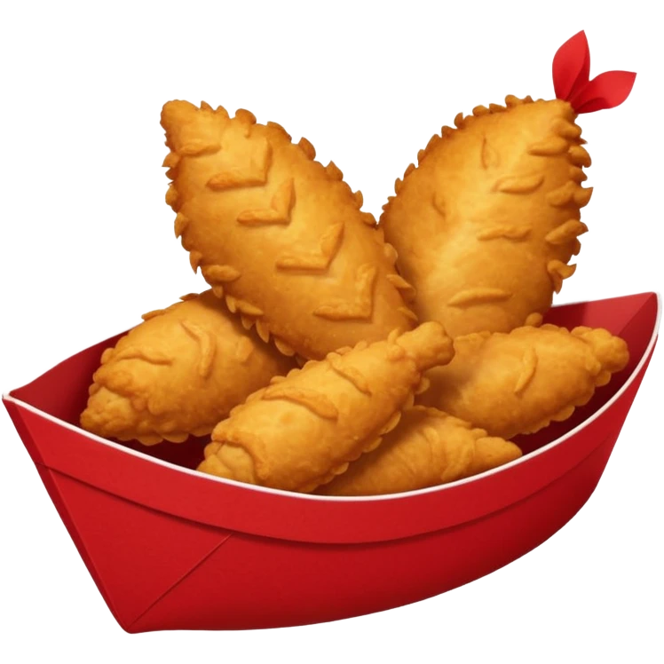 5 breaded chicken tenders of varying sizes and shapes in a red paper food boat emoji
