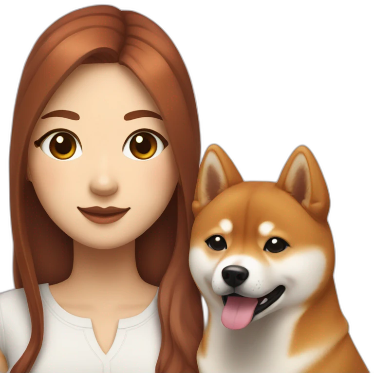 A pretty Shiba and a large white Hokkaido accompanied by their mistress, a woman with curly auburn hair. emoji