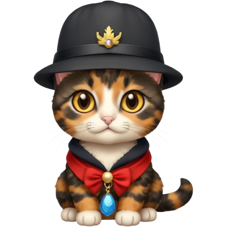 Cute mostly black tortoiseshell kitten wearing a british hat, golden eyes emoji