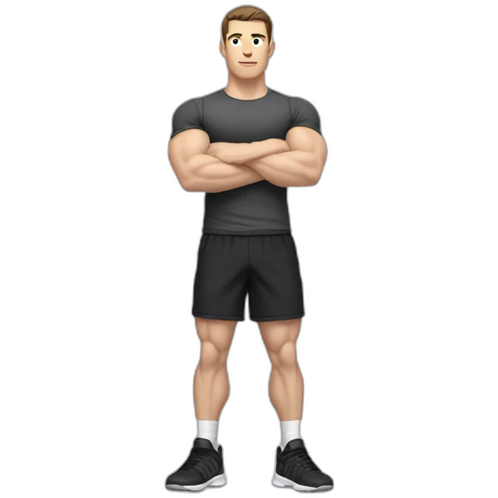 Pale skinned Fit Man With the biceps and dark brown hair in black shirt, gray sports shorts and white Sneakers emoji