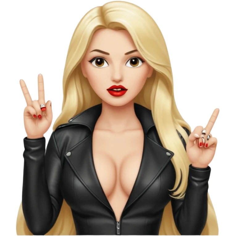a hott good looking blonde with large breasts, red lips, and long blonde hair with leather sexy outfit and leather high heel boots and she is saying fuck you by giving the universal sign with her middle finger emoji