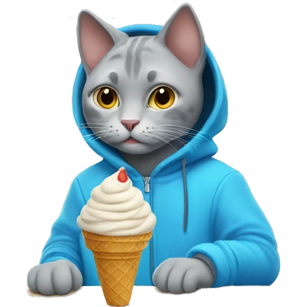 gray cat jumbo wearing blue hoodie and eat ice cream emoji