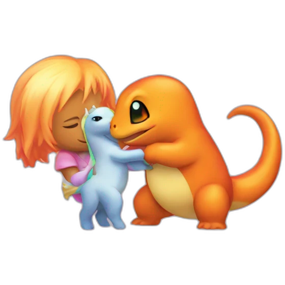 Charmander hugging a unicorn emoji