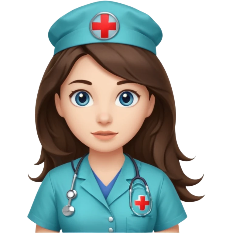 pretty brunette nurse with long hair and blue eyes in dinosaur scrubs emoji