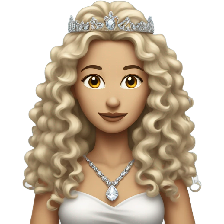 Caucasian curly long hair as she is the queen of rock wearing a tiara and a lot of diamond jewelry emoji