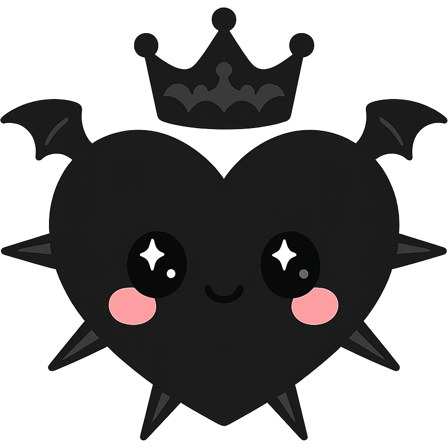black gothic heart with metallic spikes, very tiny gothic bat wings, and a gothic crown, ornate, dark, elegant, kawaii style emoji