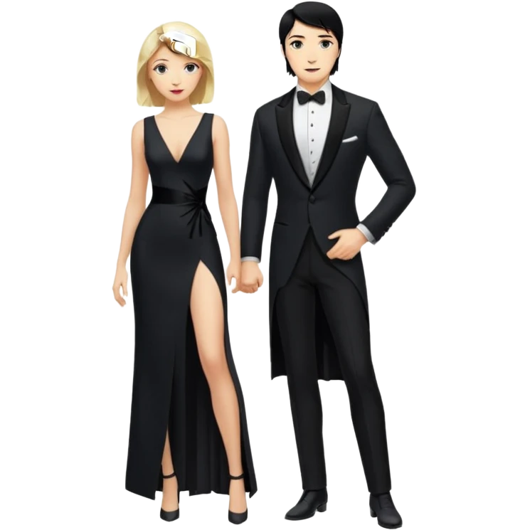 Blonde woman, black, Long, tight, sleveless Dress, Slot left Leg, man, black Hair, in Dinner jacket, Background ballroom emoji