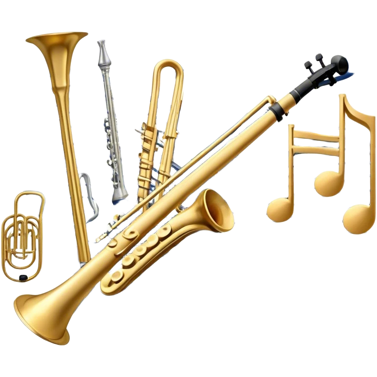 Create an elegant and artistic emoji that represents music arrangement and orchestration. The design should feature a conductor's baton, musical scores, and various orchestral instruments (e.g., violin, trumpet, electric guitar, synthesizer). Incorporate flowing lines to represent harmony and orchestral balance, along with a subtle representation of sheet music. Use rich, classical colors like gold, silver, or deep blue, and create an atmosphere of sophistication and precision. The background should be transparent. emoji