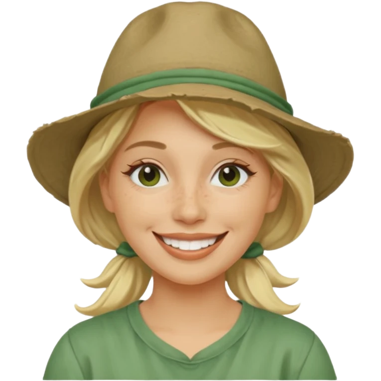 messy green full face clay mask and tourist hat blond woman  smiling and clay mask on full face emoji