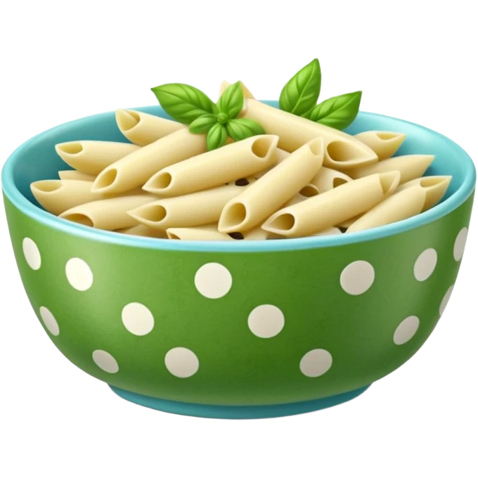 green pesto penne pasta in a light blue polka dot bowl emoji