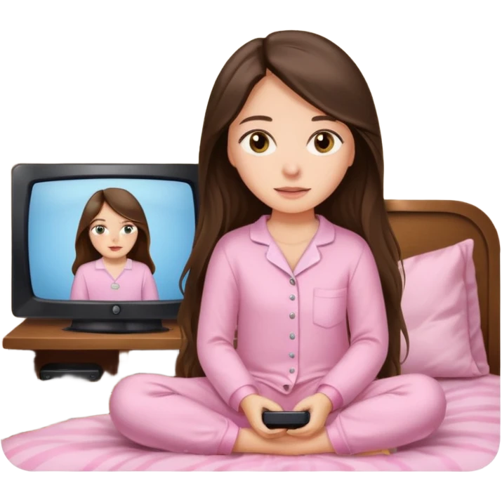 long haired brunette girl hazel eyes in light pink watching tv emoji