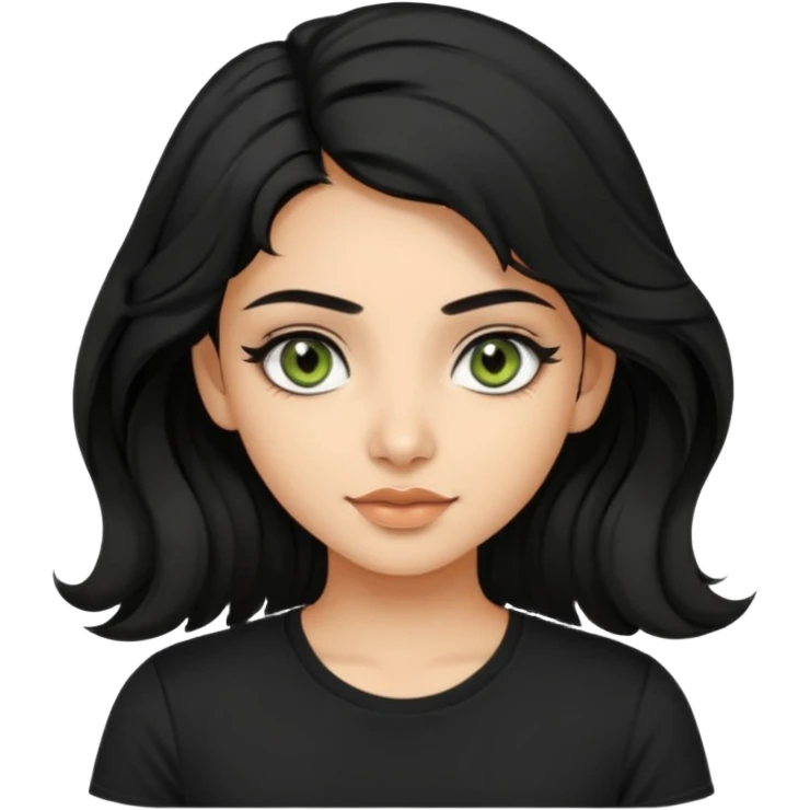 a pretty FAIR indian bratz girl with wavy black hair, wearing a black tshirt. eyeliner on, olive green eyes.  emoji