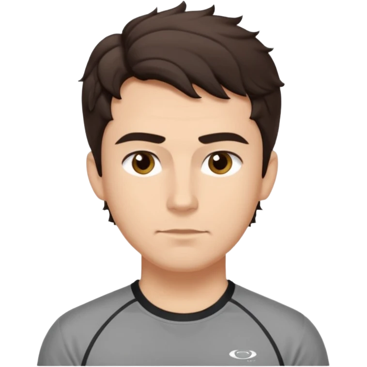 He’s a man with light to medium skin, a defined oval face, full brows, deep-set eyes, and wavy short dark brown tall hair styled with height, sides are trimmed. expression calm and focused relaxed gym training shirt. polished, articulate, and coach vibe. personal development emoji