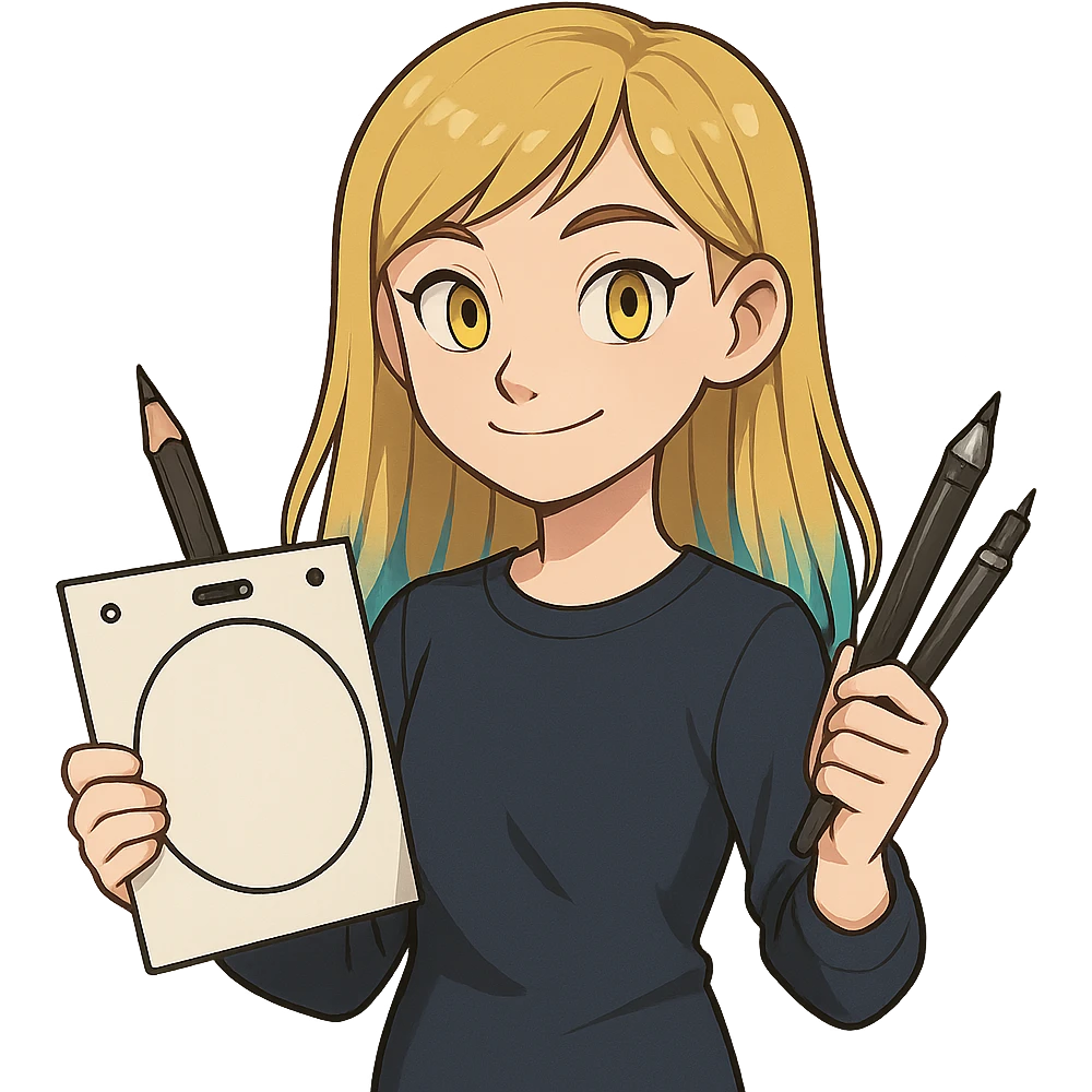 a girl animator with medium long blond hair, blue-dyed ends, yellow eyes, wearing dark blue clothing, holding animation tools emoji