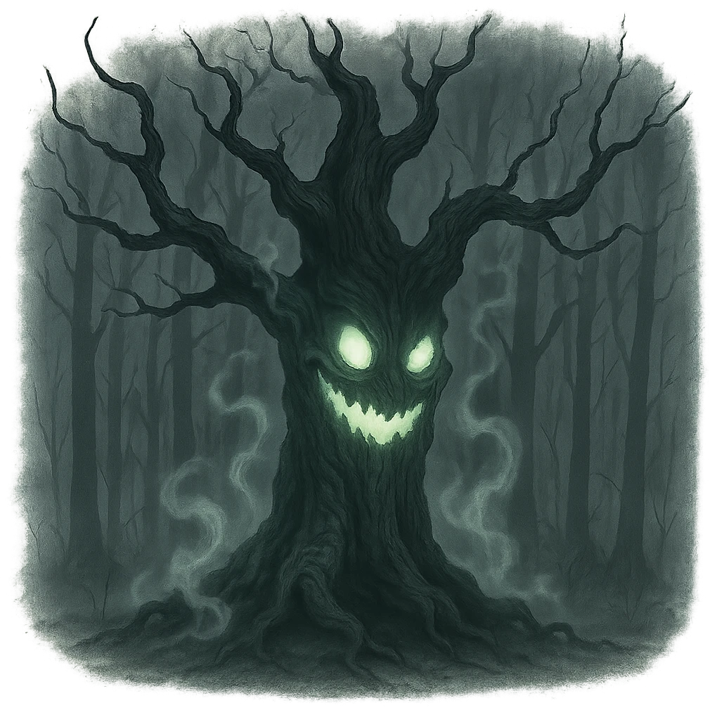 Harold the haunted tree with spectral mist, creepy smile, unsettling glowing features, spooky forest setting emoji