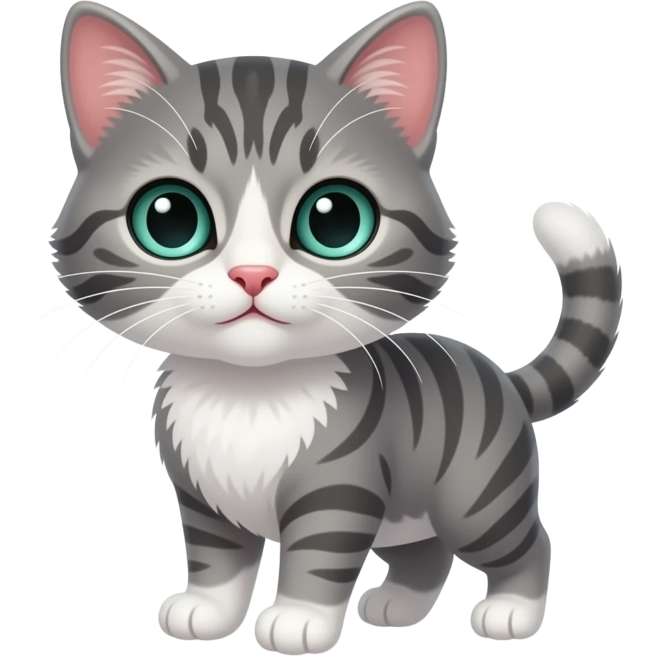 A grey tabby kitten with a muzzle, white chest and belly, white paws, a white tip on the end of its tail and teal green eyes. emoji