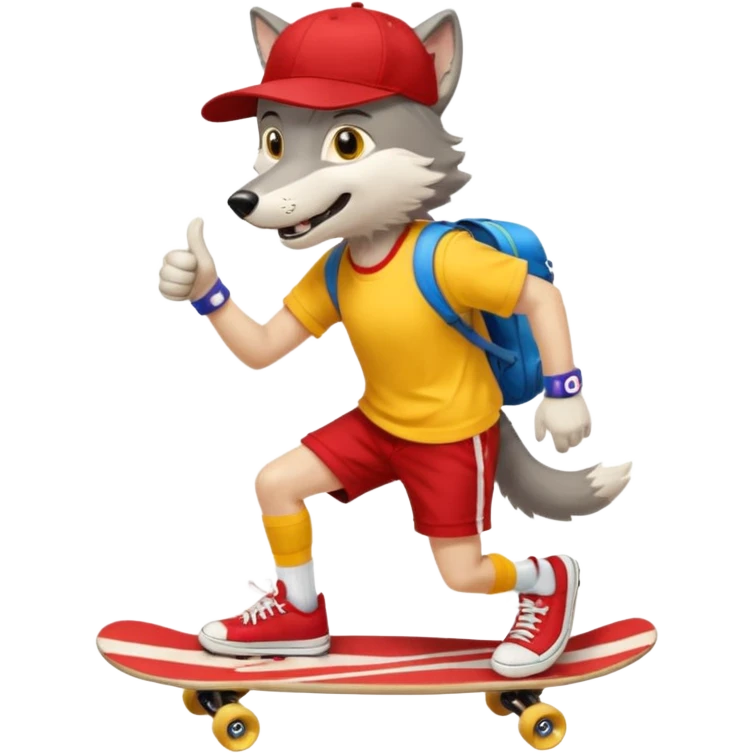 A gray wolf with large, expressive eyes and a friendly smile. The gray wolf is wearing a bright yellow T-shirt, red shorts, white knee socks, and sneakers. The baseball cap is worn backwards. The wolf holds a skateboard in one hand and gives a thumbs-up with the other, a confident and cheerful pose. emoji