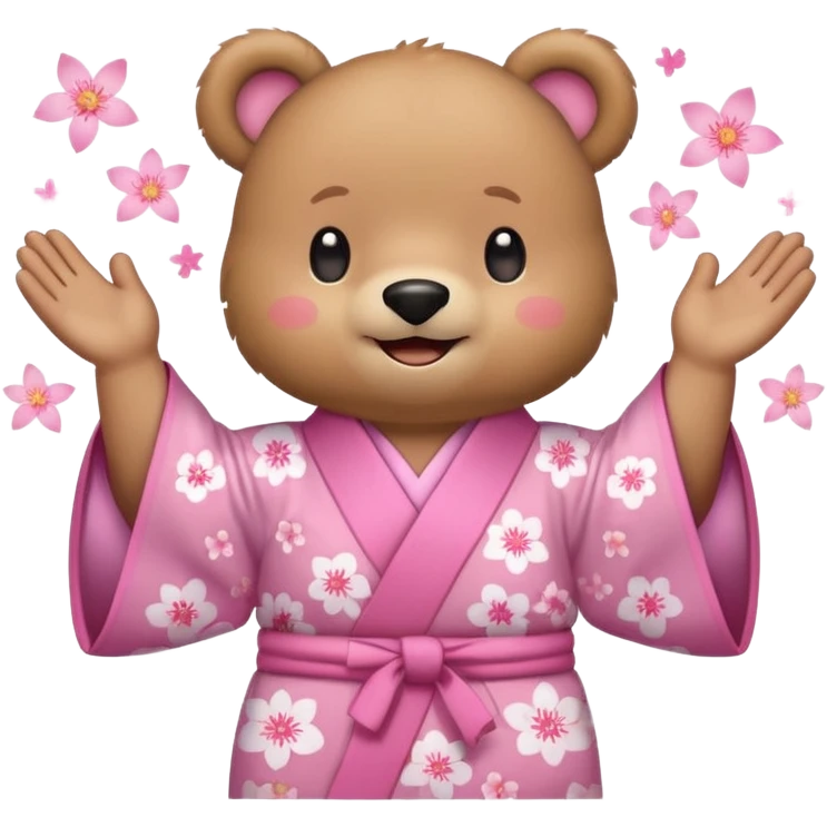 A cute light-brown bear wearing a pastel pink sakura-patterned kimono, normal balanced body ratio.  
Clapping hands cheerfully with a big bright smile and small spark effects around.  
Kawaii emoji style, minimalistic clean sticker illustration, white background.
 emoji