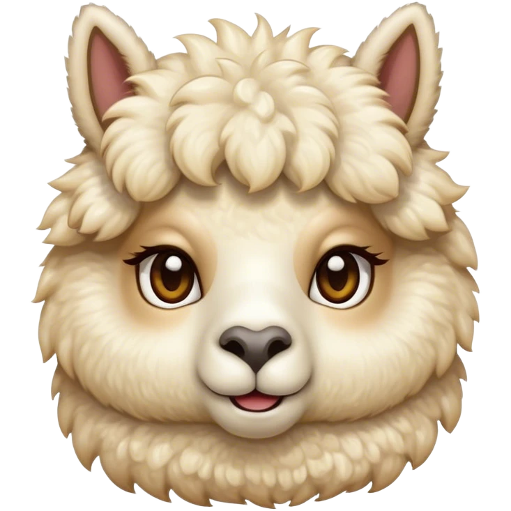 Cinematic Cute Cream Alpaca Portrait Emoji, Head tilted playfully and inquisitively, featuring a fluffy, cream fleece with a natural sheen, round, sparkling gentle eyes filled with curiosity, Simplified yet irresistibly adorable features, highly detailed, glowing with a warm, friendly glow, high shine, affectionate and gentle, stylized with a touch of whimsy, bright and endearing, soft glowing outline, capturing the essence of a mischievous yet loving alpaca, so playful it feels like it could prance out of the screen and into your arms! emoji
