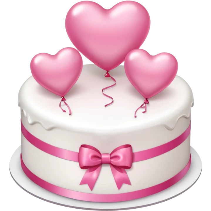 white heart shaped birthday cake with pink bow, pink balloons in background  emoji