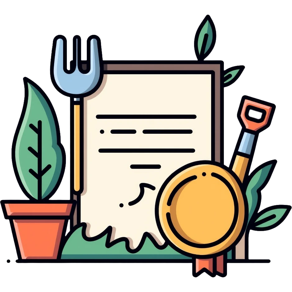 Certificate with gardening tools and plant award emoji