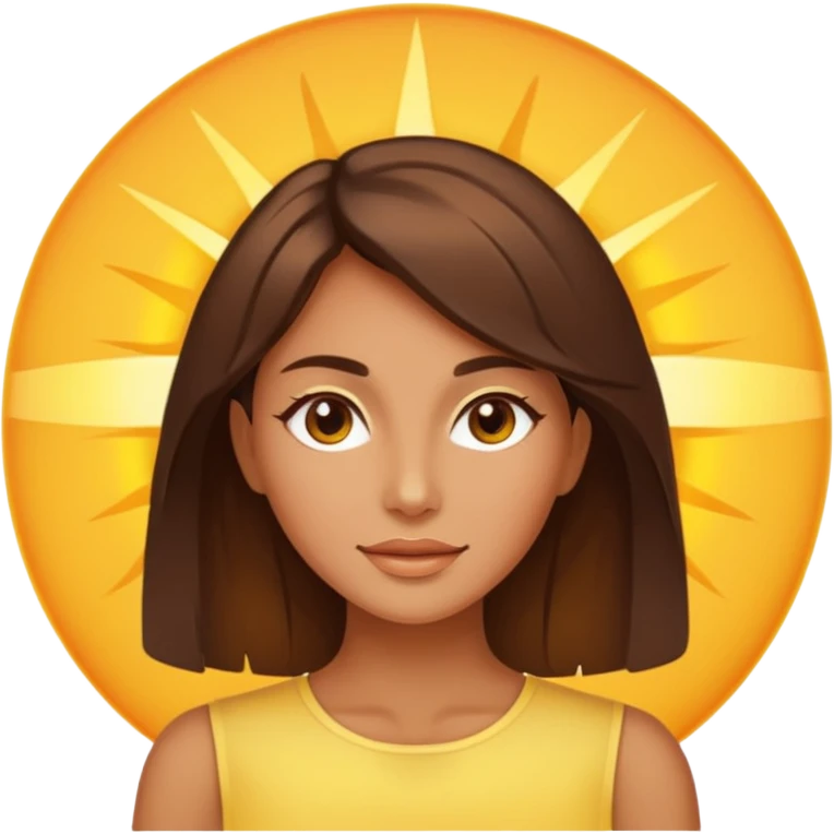 Tan brunette womans face superimposed on an image of the sun emoji