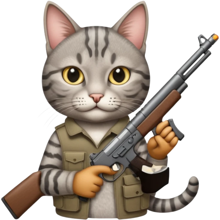 Gray tabby cat with a gun emoji