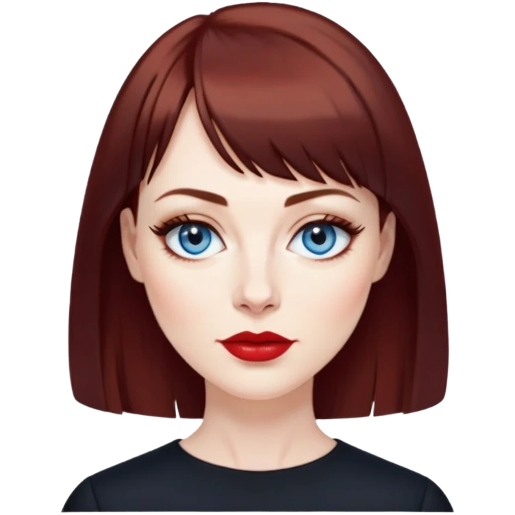 Woman in her late 40s with pale skin, wider face, blue eyes with eyeliner, thin eyebrows, small nose, red lipstick, dark auburn hair with bangs, wearing a black top emoji