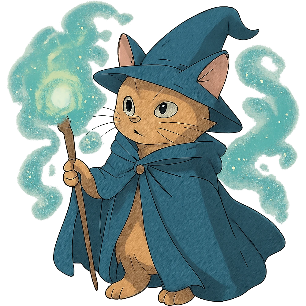 ghibli style wizard cat with a cloak and magical aura emoji