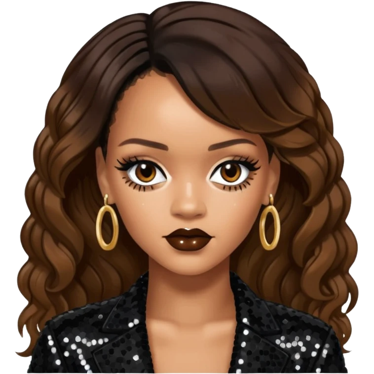 Rihanna with dark brown hair, black sequin outfit  emoji