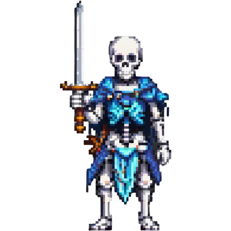pixel art skeleton with a sword raised, action pose emoji