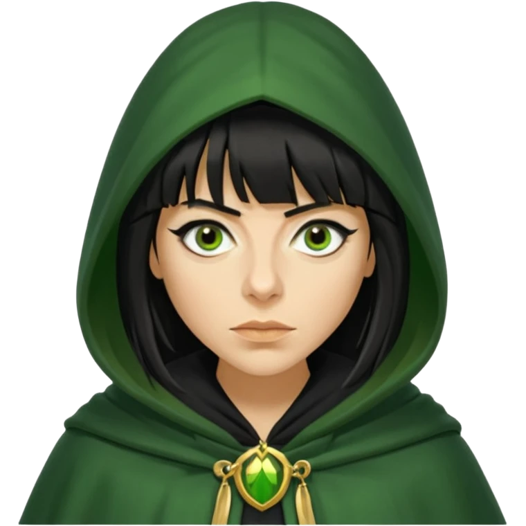 claudia winkleman with a heavy fringe as a traitor with a green hooded cloak with a gold clasp and dark black eyeliner emoji