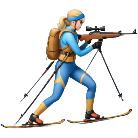 An icon featuring a biathlete skiing along a winding trail with a rifle on their back, surrounded by a beautiful snowy landscape with mountains and pine trees. A target range appears in the distance. Transparent background highlights the blend of endurance, precision, and winter beauty. emoji