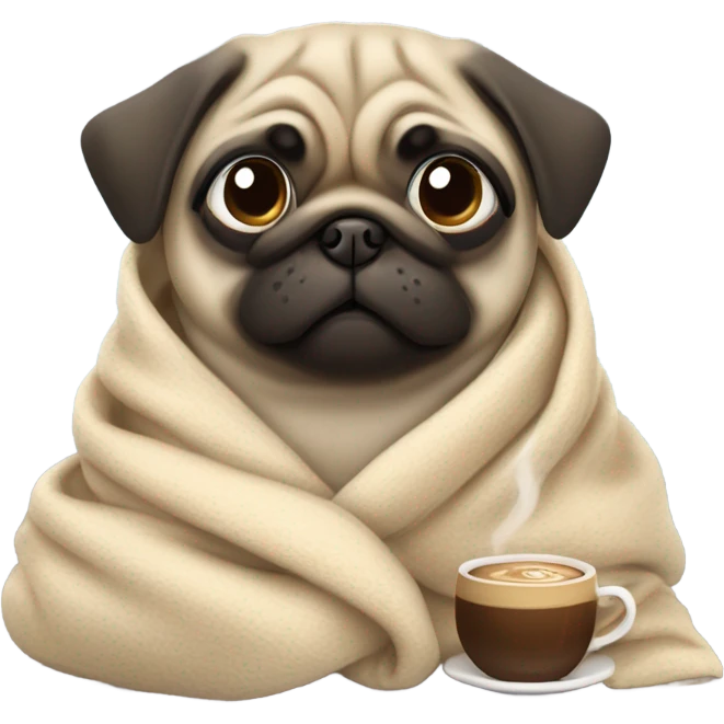 dog pug in a blanket with a cup of coffee emoji