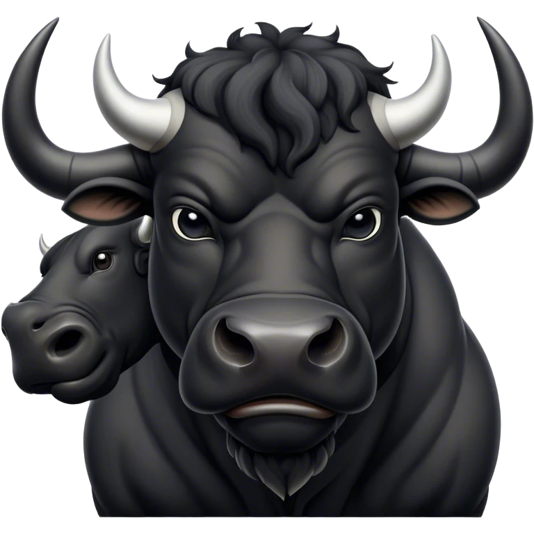 Cinematic Noble Black Bull Portrait Emoji, Poised and regal, with a massive, muscular build and a sleek, well-groomed pure black hide, deep-set soulful dark eyes, Simplified yet sharp and sophisticated features, highly detailed, glowing with a soft, dignified glow, high shine, intelligent and formidable, stylized with an air of strength, focused and attentive, soft glowing outline, capturing the essence of a watchful and confident guardian, so majestic it feels as though it could charge out of the screen with effortless authority! emoji